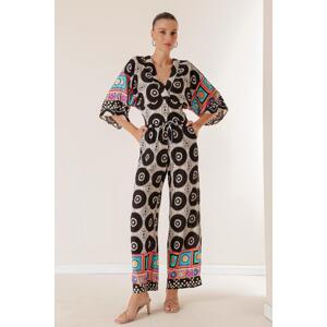 By Saygı Elastic Waist, Pocket Palazzo Pants Front Back V-Neck Crop Geometric Pattern 2-piece Set.