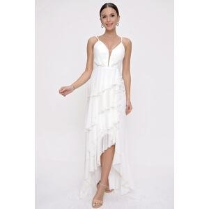 By Saygı Rope Strap Layered Flounce Lined Chiffon Long Dress Ecru