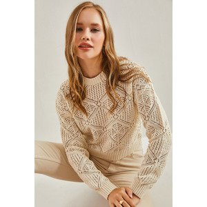 Bianco Lucci Women's Cross Patterned Openwork Frilly Knitwear Sweater