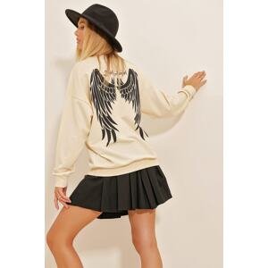 Trend Alaçatı Stili Women's Beige Crew Neck Front And Back Wings Printed Oversize Sweatshirt