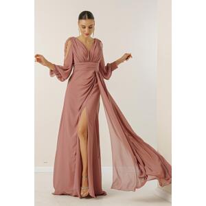 By Saygı V-Neck Long Evening Chiffon Dress with Draping and Lined Sleeves.