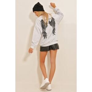 Trend Alaçatı Stili Women's Gray Crew Neck Front And Back Wings Printed Oversized Sweatshirt