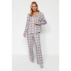 Trendyol Gray Multicolored 100% Cotton Brushed Plaid Shirt-Pants Knitted Pajama Set