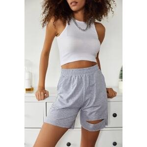 XHAN Women's Gray Torn Detailed Shorts