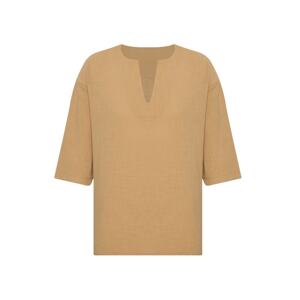 XHAN Tan V-Neck Poor Sleeves, Oversized Linen Shirt 2x1x2-45964-30