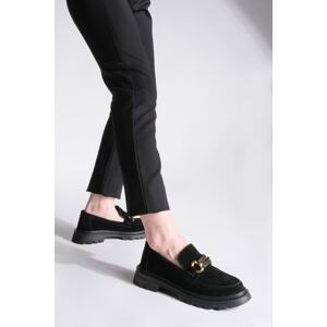 Marjin Women's Loafers Thick Sole Chain Casual Shoes Yones Black Suede.