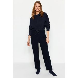 Trendyol Navy Blue Soft Feel Velvet Lace Detail Knitted Pajama Bottoms