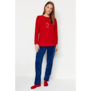Trendyol Red Fleece Motto Tshirt-Pants Knitted Pajamas Set