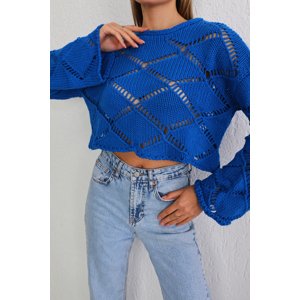 BİKELİFE Women's Blue Hole Detail Spanish Sleeve Crop Knitwear Sweater