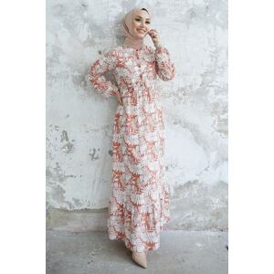InStyle Fale Viscose Dress With Intricate Leaves - Salmon