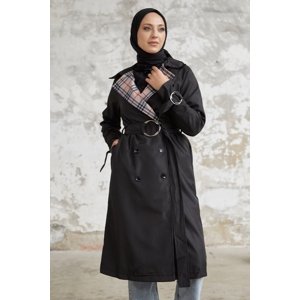 InStyle Eleta Double Breasted Collar Checked Trench Coat - Black