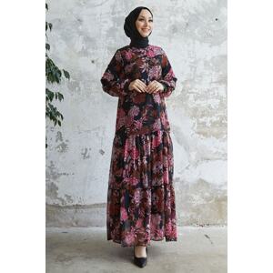 InStyle Revina Chiffon Dress With Floral Pattern With Ruffle Skirt - Black