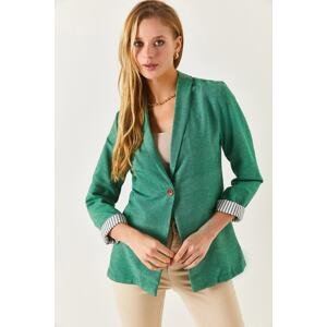 armonika Women's Dark Green Striped One-Button Jacket with