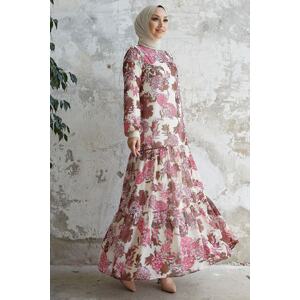 InStyle Revina Chiffon Dress with Floral Pattern with Ruffle Skirt - Ecru