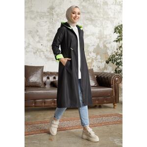 InStyle Hooded Neon Trench with Pleated Waist - Black \ Green