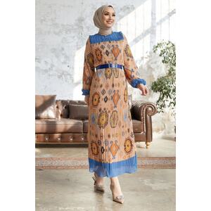 InStyle Viona Patterned Pleated Dress with a Belt - Blue