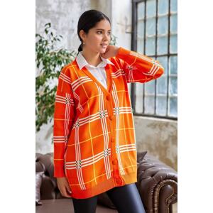 InStyle Meri Checked Patterned Sweater Patterned Cardigan - Orange