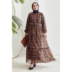 InStyle Belted Molina Chiffon Hijab Dress - Brown