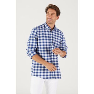 AC&Co / Altınyıldız Classics Men's White-Navy Blue Slim Fit Slim Fit Buttoned Collar Plaid Shirt