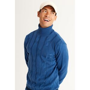 AC&Co / Altınyıldız Classics Men's Aviator Blue Standard Fit Normal Cut Full Turtleneck Jacquard Knitwear Sweater.