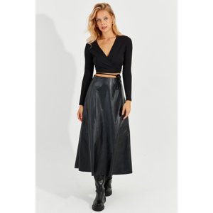 Cool & Sexy Women's Black A-Line Leather Midi Skirt