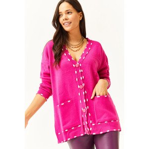 Olalook Women's Fuchsia Spotted Pocket Oversize Knitwear Cardigan