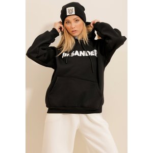 Trend Alaçatı Stili Women's Black Hooded Kangaroo Pocket 3 Thread Inner Raising Front Printed Oversize Sweatshirt