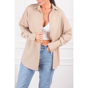 armonika Women's Light Beige Oversize Textured Linen Look Wide Cuff Shirt