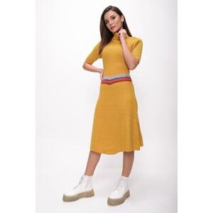 By Saygı Striped Waist Flared Knitwear Dress Mustard
