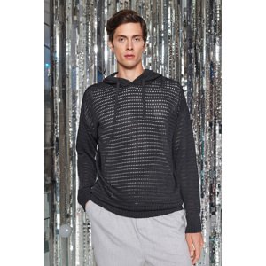 Trendyol Anthracite Men's Oversize Fit Crochet Detailed Hooded Knitwear Sweater.