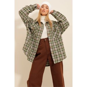 Trend Alaçatı Stili Women's Green Beige Checked Stamped Cotton Oversized Jacket Shirt