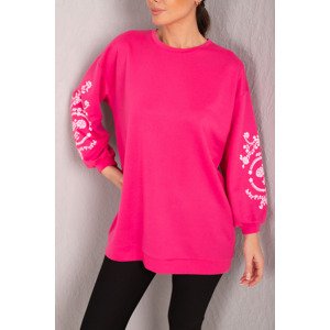 armonika Women's Fuchsia Round Neck Embossed Sleeve Tunic