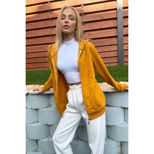 Trend Alaçatı Stili Women's Mustard Yellow Hooded Double Pocket Zipper Oversize Sweatshirt