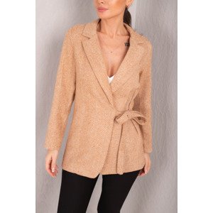 armonika Women's Camel Side Tie Herringbone Patterned Cachet Jacket