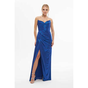 Carmen Saxe Blue Shiny Knitted Strapless Long Evening Dress