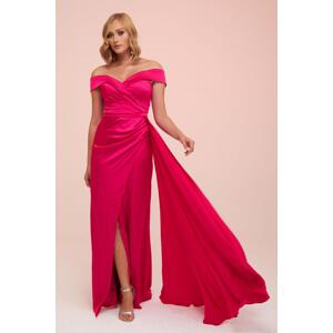 Carmen Fuchsia Satin Long Evening Dress with Side Train Slit