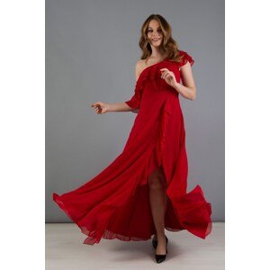 Carmen Red Chiffon Ruffled Shoulder Slit Evening Dress