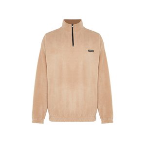Trendyol Beige Men's Oversize/Wide Fit Sweatshirt with a Zipper Stand-Up Collar Thick Fleece/Plush with Labels.