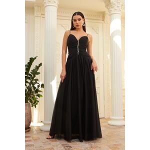 Carmen Black Chiffon Strap Long Evening Dress and Invitation Dress with Stones on the Collar