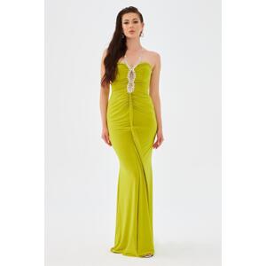 Carmen Pistachio Green Sandy Collar Stone Long Evening Dress