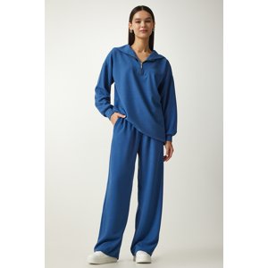 Happiness İstanbul Women's Indigo Blue Corded Knitted Blouse and Trousers Set
