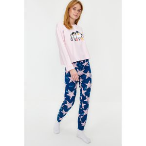 Trendyol Pink 100% Cotton Penguin and Star Printed Tshirt-Jogger Knitted Pajama Set