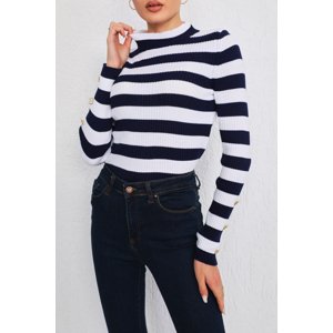 BİKELİFE Navy Blue Striped Button Detailed Knitwear Sweater