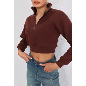 BİKELİFE Women's Brown Zippered Thick Inside Fleece Knitted Sweatshirt Crop