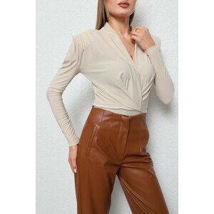 BİKELİFE Women's Beige Double Breasted Neck Zipped Blouse with Padded Shoulders