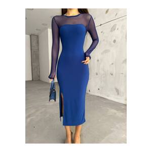 BİKELİFE Women's Blue Slit Detailed Lycra Pencil Dress