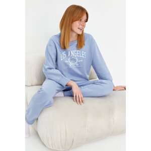 Trendyol Blue Cotton Printed Sweatshirt-Jogger Knitted Pajama Set