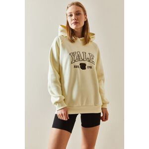 XHAN Beige Text Detailed Raised Hooded Sweatshirt 4KXK8-47602-25