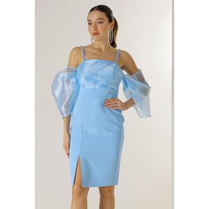 By Saygı Bead Detail Straps Organza Low Sleeve Lined Crepe Dress