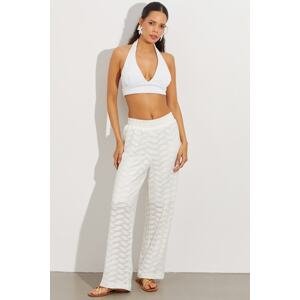 Cool & Sexy Women's White Elastic Waist Half Lined Embroidery Trousers